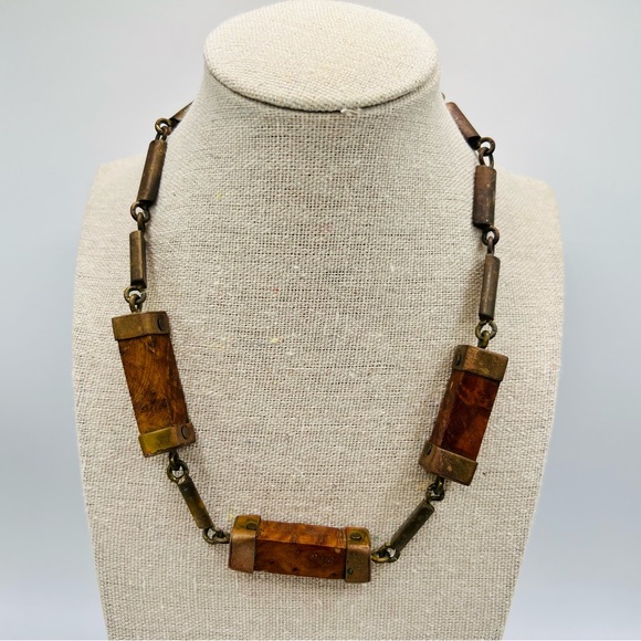 Vintage Jewelry - Vintage brutalist TRIKA 16” brass and wood block bead necklace
